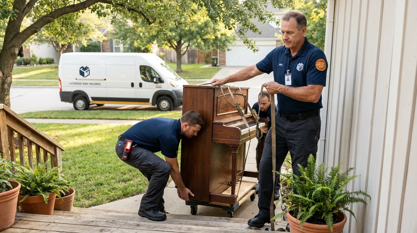 Licensed piano movers securing grand piano in Sesser, IL