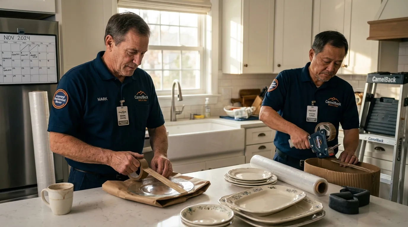 Professional crew packing kitchen dishware in Sesser, IL
